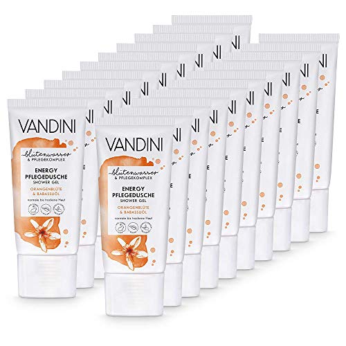 VANDINI Gel de ducha Energy Care con flor de azahar y aceite de babasú - gel de baño para pieles normales a secas - Jabón liquidovegano sin siliconas ni parabenos 20x 30 ml
