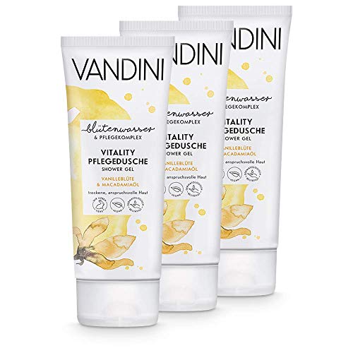 VANDINI gel de ducha Vitality Care con flor de vainilla y aceite de macadamia - gel de baño para pieles normales a secas - Jabón vegano sin siliconas ni parabenos 3x 200 ml
