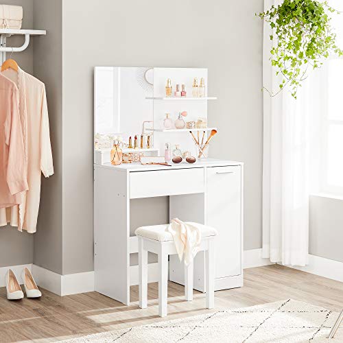 VASAGLE Tocador, Mesa de Maquillaje, con Espejo Cuadrado, Compartimiento, 1 cajón, 2 estantes, Organizador de Maquillaje, Blanco RDT119W01