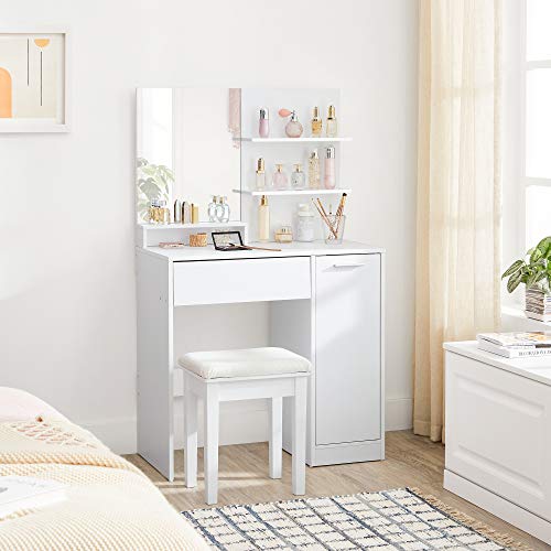 VASAGLE Tocador, Mesa de Maquillaje, con Espejo Cuadrado, Compartimiento, 1 cajón, 2 estantes, Organizador de Maquillaje, Blanco RDT119W01
