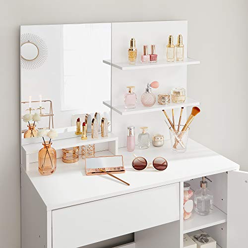 VASAGLE Tocador, Mesa de Maquillaje, con Espejo Cuadrado, Compartimiento, 1 cajón, 2 estantes, Organizador de Maquillaje, Blanco RDT119W01