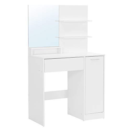 VASAGLE Tocador, Mesa de Maquillaje, con Espejo Cuadrado, Compartimiento, 1 cajón, 2 estantes, Organizador de Maquillaje, Blanco RDT119W01