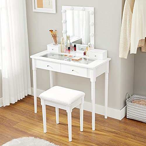 VASAGLE Tocador, Mesa Tocador, Mesa Maquillaje con Taburete Tapizado, Espejo, 10 Bombillas Regulables Iluminación, 2 Cajones Grandes con Tablero Vidrio Templado, 2 Cajones Pequeños, Blanco RDT172W01