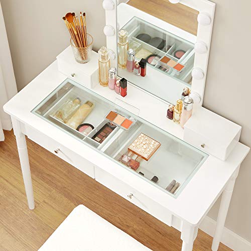 VASAGLE Tocador, Mesa Tocador, Mesa Maquillaje con Taburete Tapizado, Espejo, 10 Bombillas Regulables Iluminación, 2 Cajones Grandes con Tablero Vidrio Templado, 2 Cajones Pequeños, Blanco RDT172W01