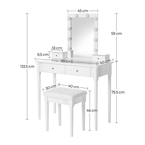 VASAGLE Tocador, Mesa Tocador, Mesa Maquillaje con Taburete Tapizado, Espejo, 10 Bombillas Regulables Iluminación, 2 Cajones Grandes con Tablero Vidrio Templado, 2 Cajones Pequeños, Blanco RDT172W01