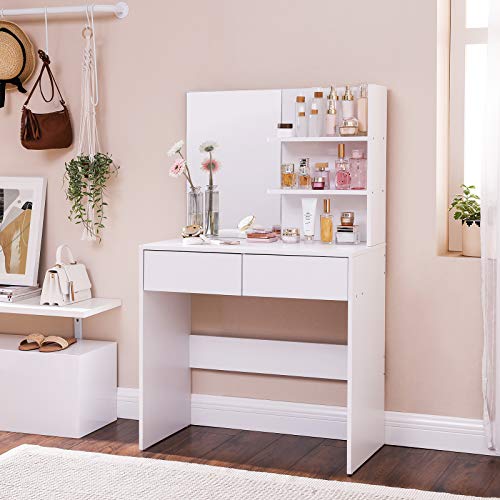 VASAGLE Tocador Moderno con 2 Cajones, Mesa de Maquillaje Rectangular con Espejo, Estantes Abiertos y Esquinas Redondeadas, para Dormitorio, Blanco RDT116W01