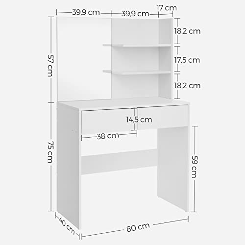 VASAGLE Tocador Moderno con 2 Cajones, Mesa de Maquillaje Rectangular con Espejo, Estantes Abiertos y Esquinas Redondeadas, para Dormitorio, Blanco RDT116W01