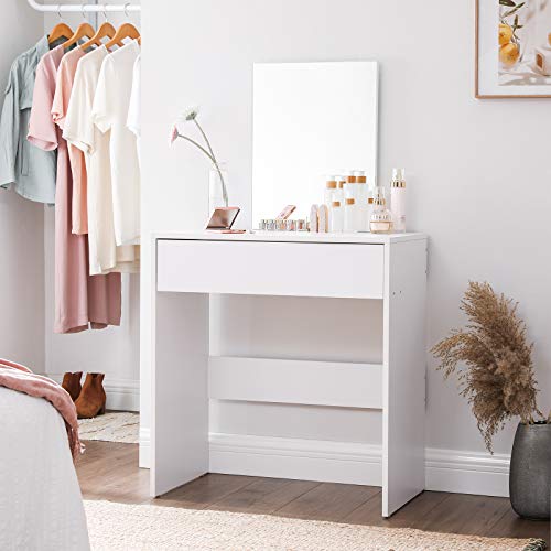 VASAGLE Tocador Moderno, Mesa de Maquillaje Rectangular con Espejo, Cajón XXL, para Dormitorio, Estilo Minimalista, Blanco, 70 x 40 x 125 cm