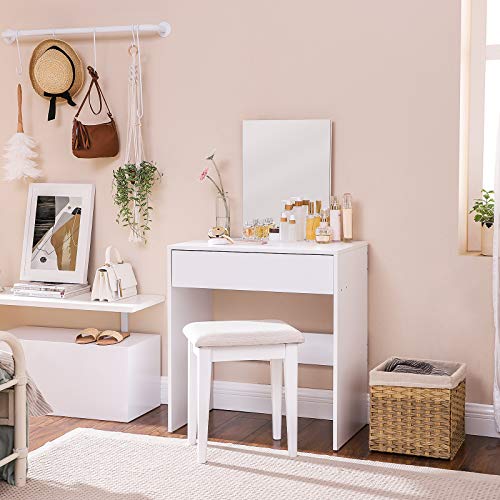 VASAGLE Tocador Moderno, Mesa de Maquillaje Rectangular con Espejo, Cajón XXL, para Dormitorio, Estilo Minimalista, Blanco, 70 x 40 x 125 cm