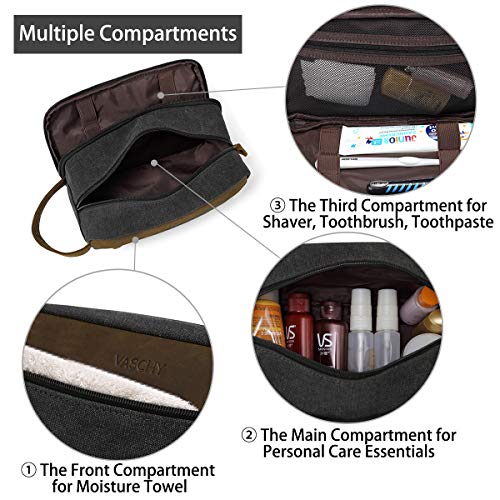 VASCHY Neceser Hombre,Bolsa de Aseo Mujer Neceseres para Maquillaje Cuero Lona Bolsa de Cosméticos Impermeable Bolsa de Lavado con Múltiples Bolsillos Gris