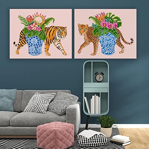 VCFHU Cuadros Decoracion Salon Impresiones ArtíSticas Chinoiserie Tiger Leopard con Tarro De Jengibre Azul Y Blanco JarróN Monstera Alocasia Deja OrquíDeas Decoracion del Hogar 60x80cm x2 Sin Marco