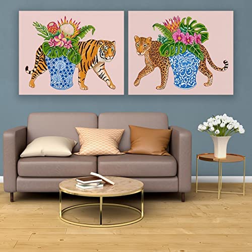VCFHU Cuadros Decoracion Salon Impresiones ArtíSticas Chinoiserie Tiger Leopard con Tarro De Jengibre Azul Y Blanco JarróN Monstera Alocasia Deja OrquíDeas Decoracion del Hogar 60x80cm x2 Sin Marco