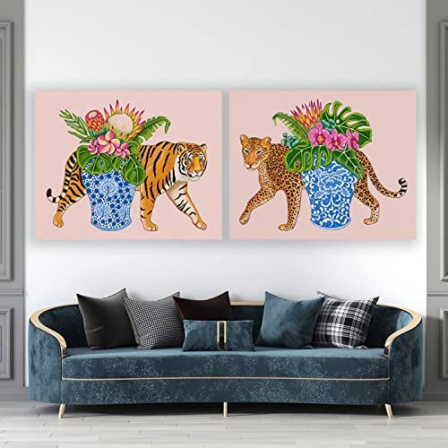 VCFHU Cuadros Decoracion Salon Impresiones ArtíSticas Chinoiserie Tiger Leopard con Tarro De Jengibre Azul Y Blanco JarróN Monstera Alocasia Deja OrquíDeas Decoracion del Hogar 60x80cm x2 Sin Marco
