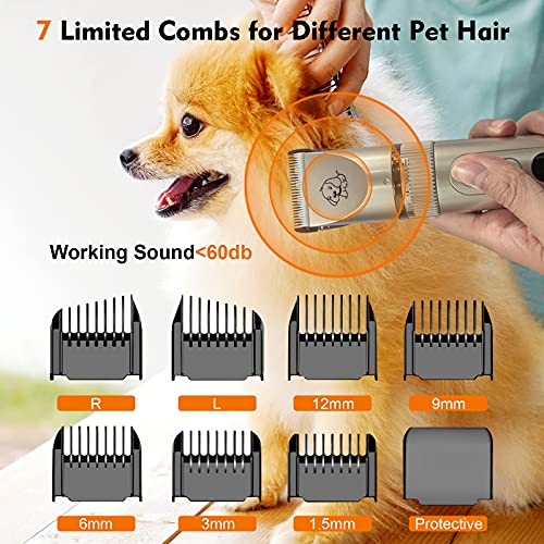 VCKHRRY Cortapelos para Mascotas IPX7 Impermeable Todo el Cuerpo Lavable Carga Inalámbrica de 3 Velocidades para Perros y Gatos Cortadora de Pelo para Mascotas de Bajo Ruido 7 Peines Guía