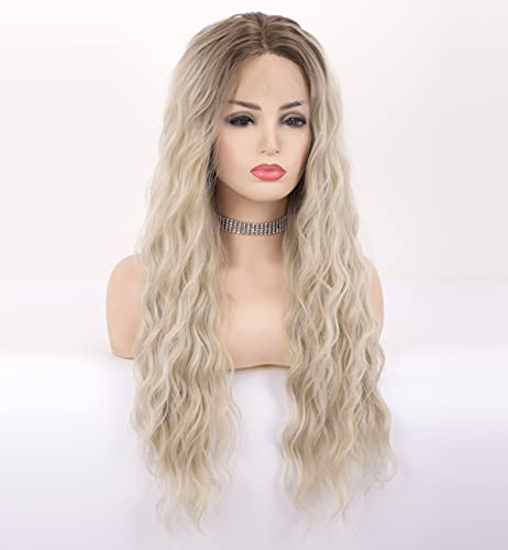 VEBONNY Pelucas de cabello rizado suelto rubio platino con raíces marrones 22 pulgadas