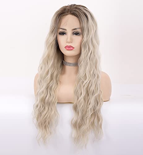 VEBONNY Pelucas de cabello rizado suelto rubio platino con raíces marrones 22 pulgadas
