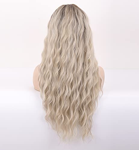 VEBONNY Pelucas de cabello rizado suelto rubio platino con raíces marrones 22 pulgadas