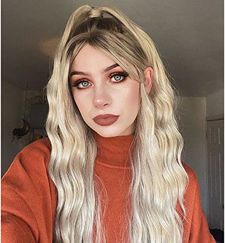VEBONNY Pelucas de cabello rizado suelto rubio platino con raíces marrones 22 pulgadas
