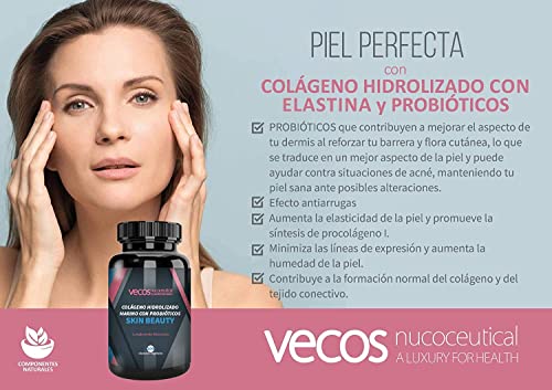 Vecos | Probióticos y Colágeno Hidrolizado con Elastina | Skin Beauty | Contribuye a Aumentar Elasticidad y Humedad de la Dermis | Efecto Antiarrugas | Propiedades Antioxidantes | 100 Cápsulas