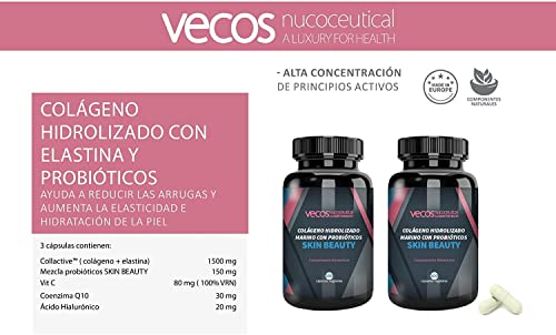Vecos | Probióticos y Colágeno Hidrolizado con Elastina | Skin Beauty | Contribuye a Aumentar Elasticidad y Humedad de la Dermis | Efecto Antiarrugas | Propiedades Antioxidantes | 100 Cápsulas
