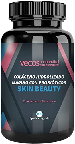 Vecos | Probióticos y Colágeno Hidrolizado con Elastina | Skin Beauty | Contribuye a Aumentar Elasticidad y Humedad de la Dermis | Efecto Antiarrugas | Propiedades Antioxidantes | 100 Cápsulas