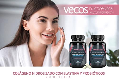 Vecos | Probióticos y Colágeno Hidrolizado con Elastina | Skin Beauty | Contribuye a Aumentar Elasticidad y Humedad de la Dermis | Efecto Antiarrugas | Propiedades Antioxidantes | 100 Cápsulas