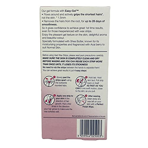 Veet easy grip - Bandas de cera depilatoria facial (pieles normales, 20 bandas, 4 toallitas para un acabado perfecto)