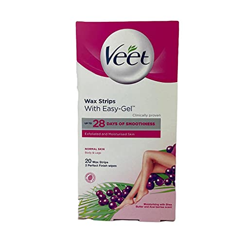 Veet easy grip - Bandas de cera depilatoria facial (pieles normales, 20 bandas, 4 toallitas para un acabado perfecto)