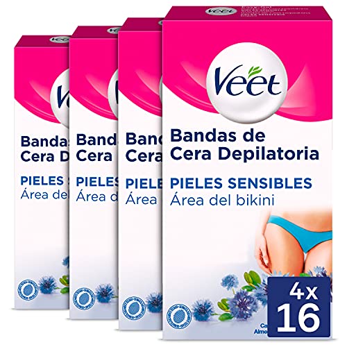 Veet Pack Bandas de Cera Fría Depilatoria para Depilación del área del Bikini con Aceite de Almendras, Pieles Sensibles - 4x16 bandas