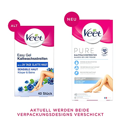 Veet Tiras de cera fría con tecnología Easy-Gelwax – Adecuado para pieles sensibles – Aplicación para piernas y cuerpo – Hasta 4 semanas de piel lisa – 20 x 40 aplicaciones