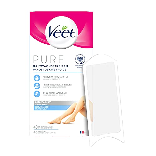 Veet Tiras de cera fría con tecnología Easy-Gelwax – Adecuado para pieles sensibles – Aplicación para piernas y cuerpo – Hasta 4 semanas de piel lisa – 20 x 40 aplicaciones