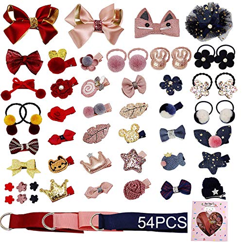 VEGCOO 54 Piezas Horquillas Pelo Bebe Niña y Gomas de Pelo Elásticos, Multicolor Pinza de Pelo Clips Lazos Pelo Niña Accesorios para el Cabello con Caja de Regalo para Niña (A)