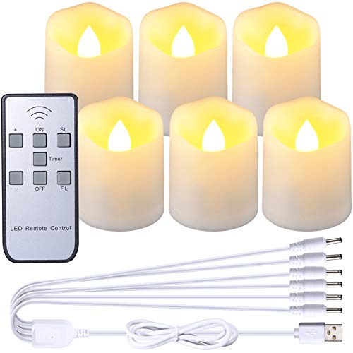 Velas LED recargables con temporizador de control remoto, Ymenow 6 unidades luces LED sin llama que funcionan con pilas parpadeantes con cable USB de 6 puertos para decoración Navidad casa boda