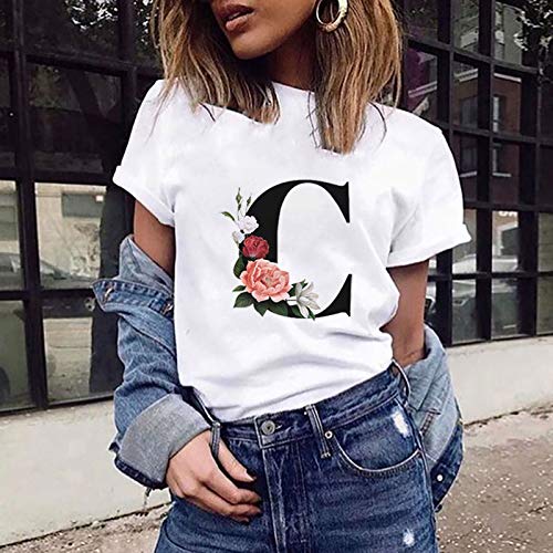 VEMOW Camiseta de Mujer Manga Corta Suelta con Cuello Redondo Talla Grande, Moda Impresión de 26 Letras Inglesas Basica Suelto Verano Camisa Tops Casual Fiesta T-Shirt para el Mejor Amigo(C,L)