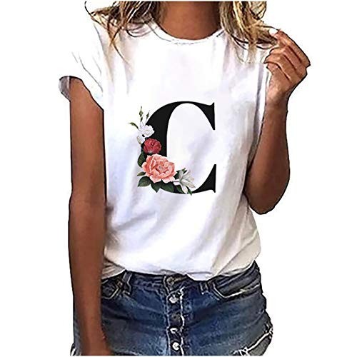 VEMOW Camiseta de Mujer Manga Corta Suelta con Cuello Redondo Talla Grande, Moda Impresión de 26 Letras Inglesas Basica Suelto Verano Camisa Tops Casual Fiesta T-Shirt para el Mejor Amigo(C,L)