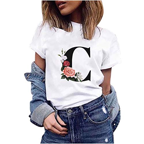 VEMOW Camiseta de Mujer Manga Corta Suelta con Cuello Redondo Talla Grande, Moda Impresión de 26 Letras Inglesas Basica Suelto Verano Camisa Tops Casual Fiesta T-Shirt para el Mejor Amigo(C,L)