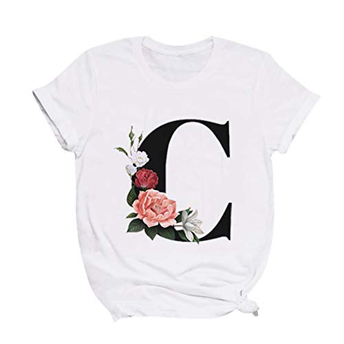 VEMOW Camiseta de Mujer Manga Corta Suelta con Cuello Redondo Talla Grande, Moda Impresión de 26 Letras Inglesas Basica Suelto Verano Camisa Tops Casual Fiesta T-Shirt para el Mejor Amigo(C,L)
