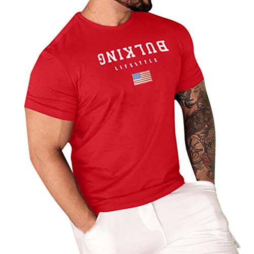 Venta de Camisetas Yvelands Hombres Verano Estampado con la Bandera Americana de Manga Corta con Cuello en O Camiseta sin Mangas Top (Rojo,M)