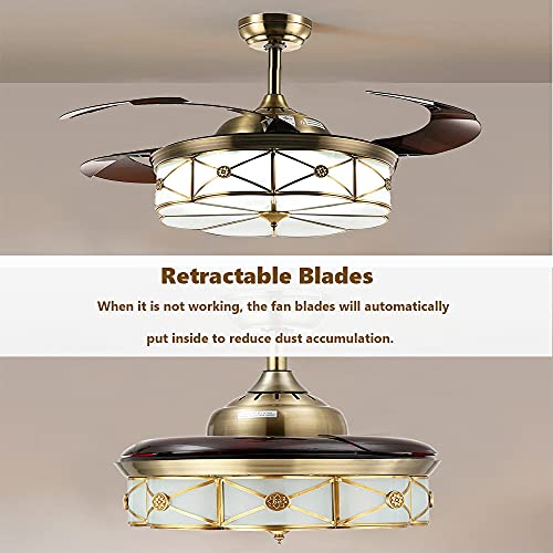 Ventilador de Techo retráctil con Luz, Control Remoto Vintage, 6 Velocidades, 3 Colores Regulables, Temporizador, Motor Silencioso para la Sala de Estar del Hogar