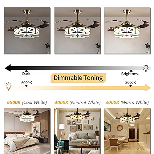 Ventilador de Techo retráctil con Luz, Control Remoto Vintage, 6 Velocidades, 3 Colores Regulables, Temporizador, Motor Silencioso para la Sala de Estar del Hogar