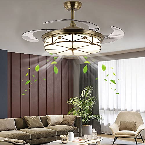 Ventilador de Techo retráctil con Luz, Control Remoto Vintage, 6 Velocidades, 3 Colores Regulables, Temporizador, Motor Silencioso para la Sala de Estar del Hogar