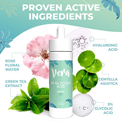 VERA Serum Acido Glicolico Peeling Quimico 5% - Peeling Facial Acido Glicolico Puro con Acido Hialuronico y Agua de Rosas, Ilumina y Regenera la Piel - Acido Glicolico Exfoliante Quimico Facial, 30ml