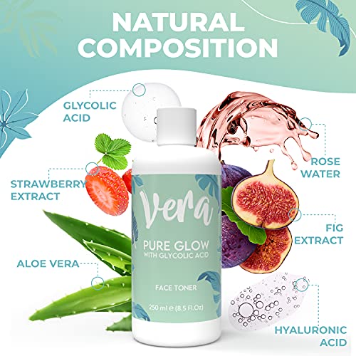 VERA Tónico Exfoliante Facial Natural con Acido Glicolico Puro (AHA) - Peeling Facial Exfoliante, Extra Hidratante - Acido Glicolico Peeling Quimico Facial Profesional - Exfoliante Facial Mujer, 250ml