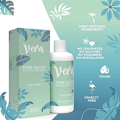 VERA Tónico Exfoliante Facial Natural con Acido Glicolico Puro (AHA) - Peeling Facial Exfoliante, Extra Hidratante - Acido Glicolico Peeling Quimico Facial Profesional - Exfoliante Facial Mujer, 250ml