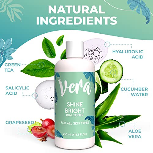 Vera Tonico Facial Piel Grasa y Mixta con Acido Salicilico BHA, Acido Hialuronico y Aloe Vera - Tratamiento Acne Facial con Acido Salicilico Facial - Tonico Piel Grasa con Ácido Salicílico Acné, 250ml