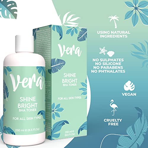 Vera Tonico Facial Piel Grasa y Mixta con Acido Salicilico BHA, Acido Hialuronico y Aloe Vera - Tratamiento Acne Facial con Acido Salicilico Facial - Tonico Piel Grasa con Ácido Salicílico Acné, 250ml