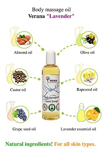 Verana Aceite de masaje corporal Lavanda, cosmética natural para todos los tipos de piel, efecto revitalizante e hidratante, calma el sistema nervioso, aromaterapia de calidad, 250 ml