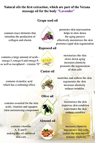 Verana Aceite de masaje corporal Lavanda, cosmética natural para todos los tipos de piel, efecto revitalizante e hidratante, calma el sistema nervioso, aromaterapia de calidad, 250 ml