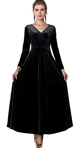 VERYCO - Vestido largo elástico de terciopelo, cuello de pico, manga larga, estilo vintage negro negro 52