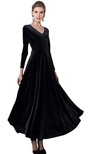 VERYCO - Vestido largo elástico de terciopelo, cuello de pico, manga larga, estilo vintage negro negro 52
